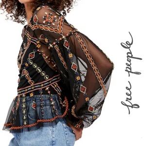 Free People Boho Embroidered Give a Little Mesh Top